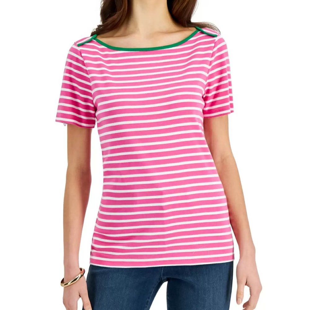 Charter Club Women's Cotton Striped Top, Pink Shock Cmb -> 3 for 15 Deal